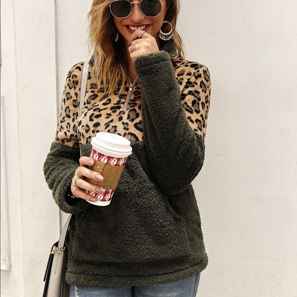 Stunning Mystery Tops - ♦️🆕 Leopard Print Furry Zipper Sweater Olive